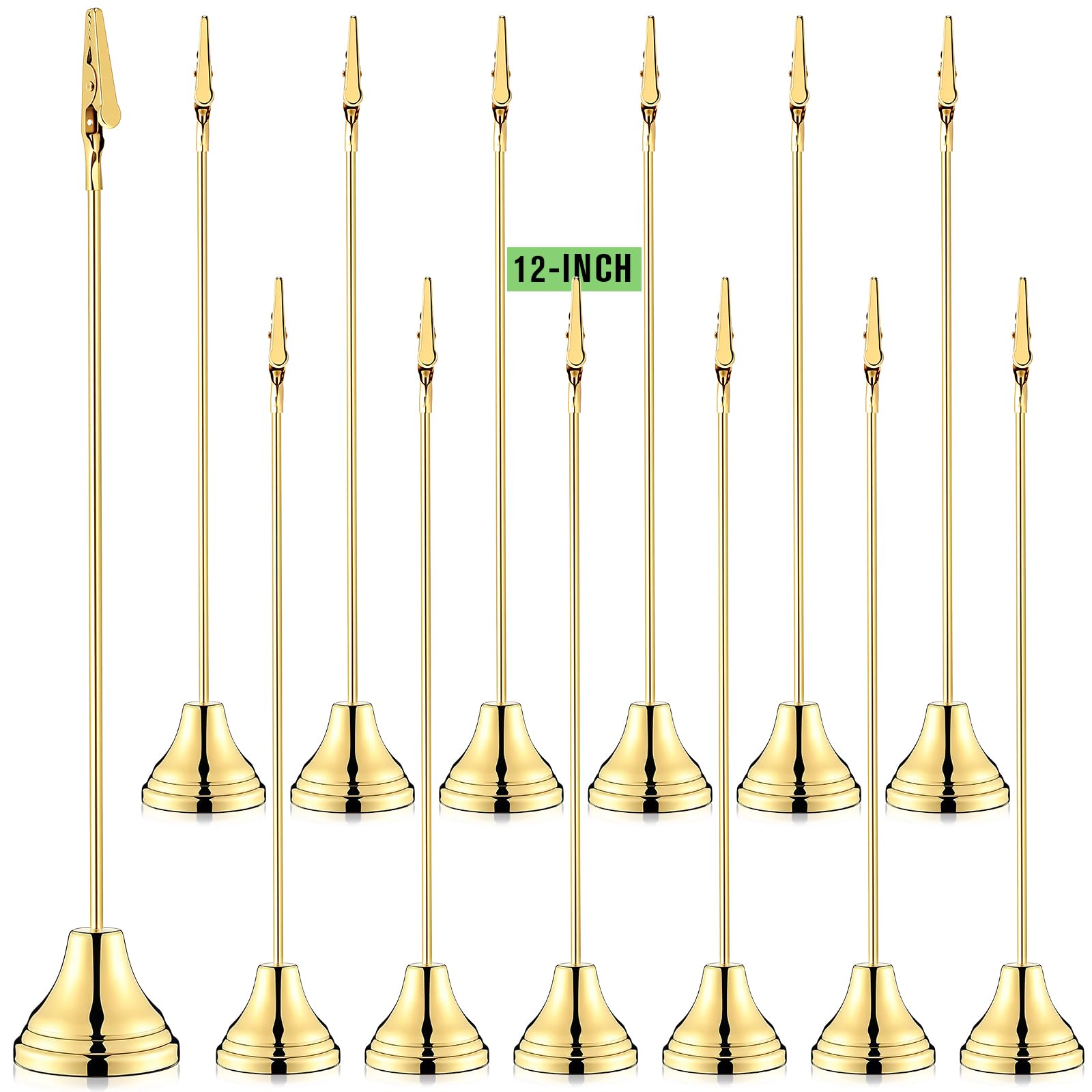 Photo 1 of Skyygemm 12 Pcs Table Number Holders 12 Inch Place Card Holder with Alligator Clip Metal Place Card Stands Table Sign for Photos, Food Signs, Birthdays, Weddings (Gold)