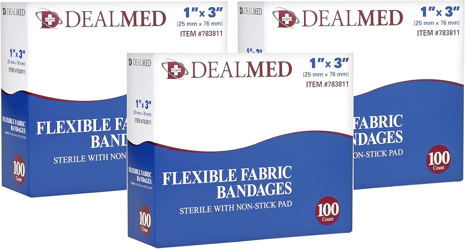 Dealmed Sterile Flexible Fabric Adhesive Bandages – 1x3 Inch – 100/Box - 3 Boxes - Breathable First Aid Strip Pack - Soft Stretch Wound Patch For Medical, Emergency Kits & Clinic: Health & Personal Care