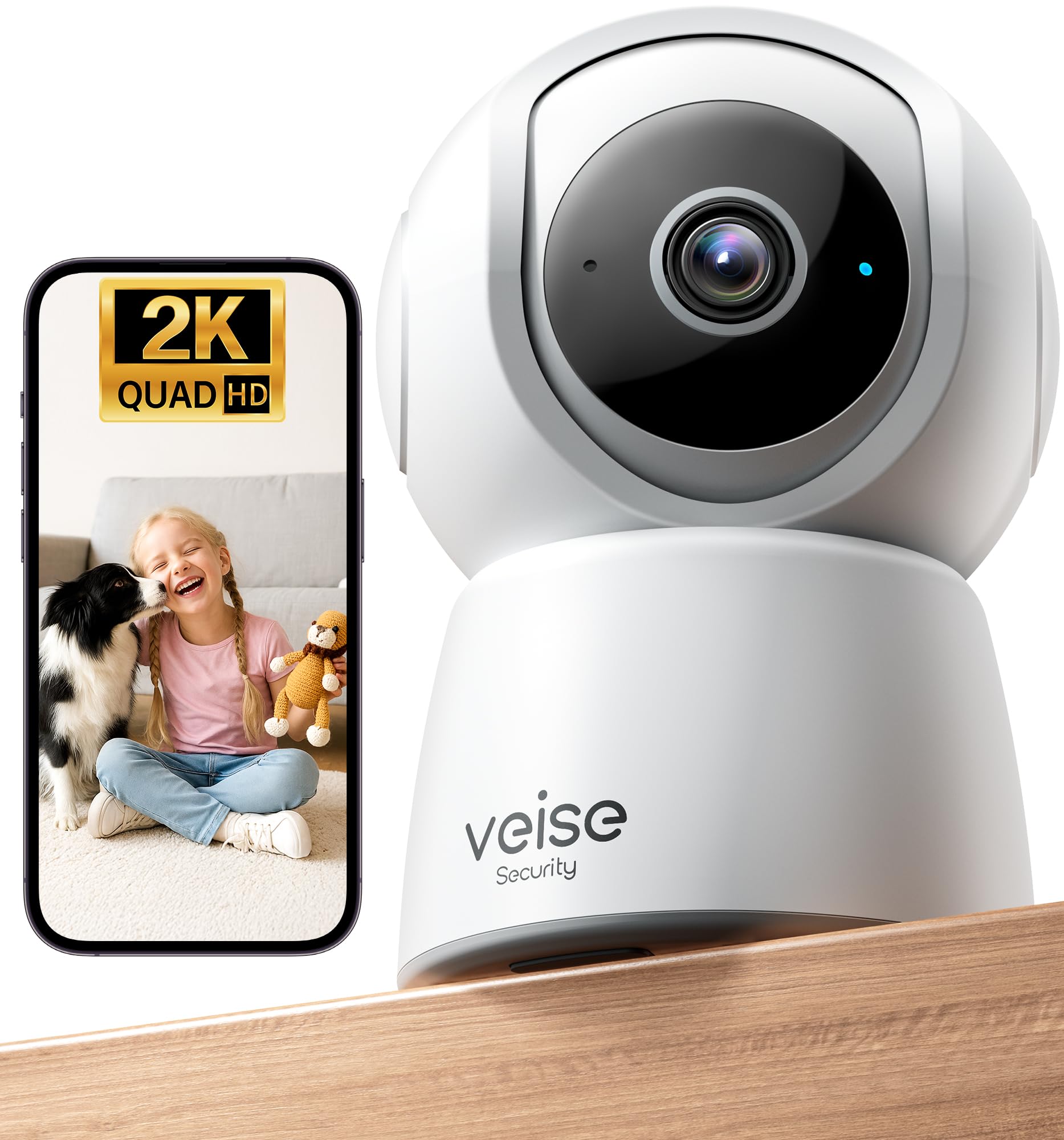 Photo 1 of Veise 2K Indoor Security Camera 2.4GHz, 360° Pan/Tilt Pet Camera with Motion Tracking, Baby Monitor, 2-Way Audio, Night Vision, Cloud/SD Storage, Compatible with Voice Assistant, White