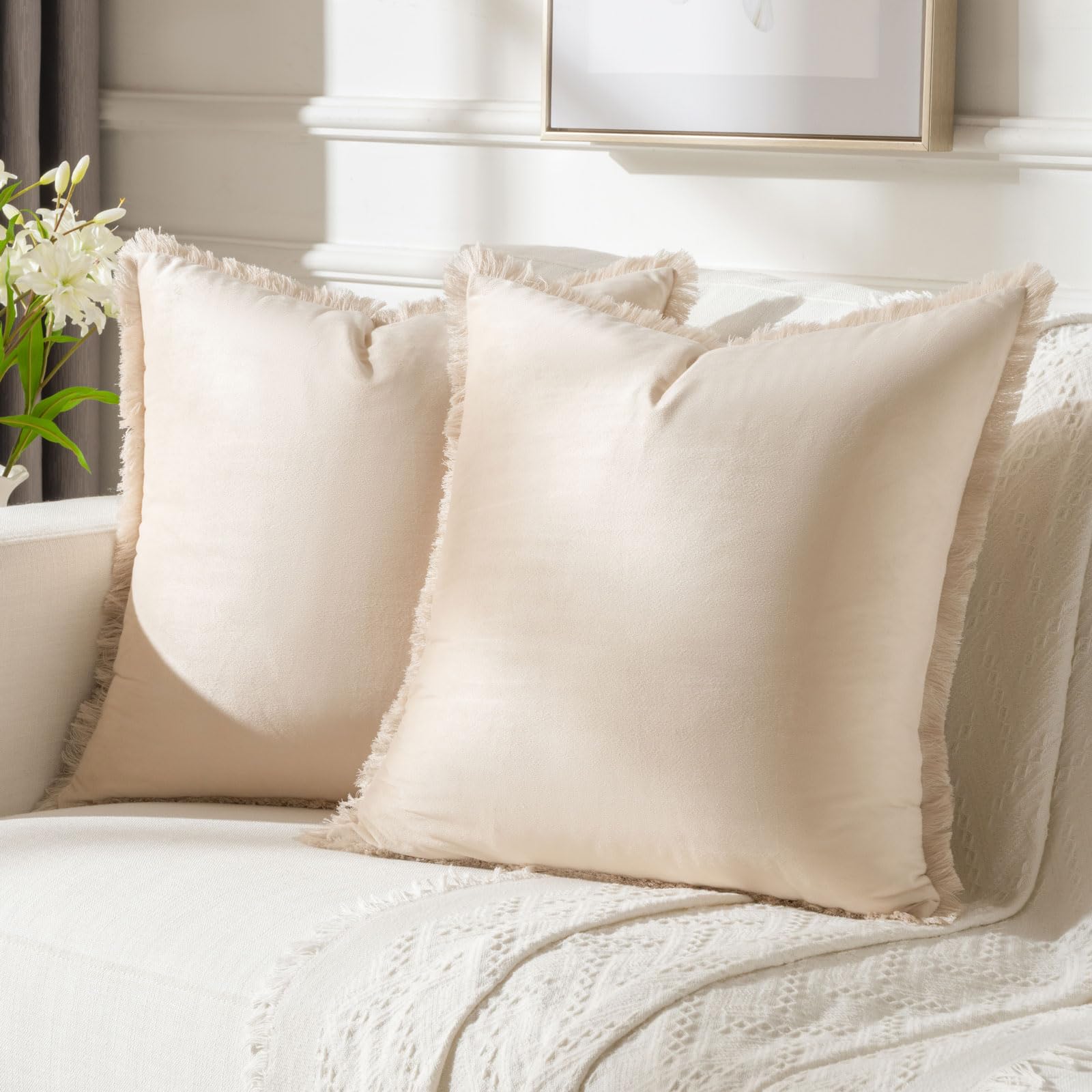 Photo 1 of FUTEI Beige Velvet Decorative Throw Pillow Covers 20x20 Set of 2,Soft Cozy Edge with Tassels Cushion Case,Boho Modern Home Decor for Couch Bed Living Room