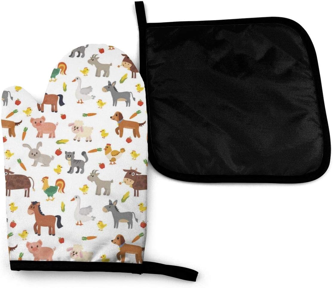 Lamefly Farm Animal Goat Oven Mitts and Pot Holder Set Heat Resistant Cotton Hot Pad Non-Slip Microwave Gloves for Baking and Kitchen