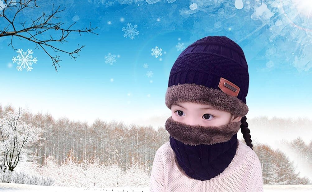 Winter Hat Scarf for Boys Girls Kids (5-14 Years) Slouchy Beanie Windproof Warm Knit Snow HINDAWI Infinity Scarf Skull Cap Navy Blue: Clothing
