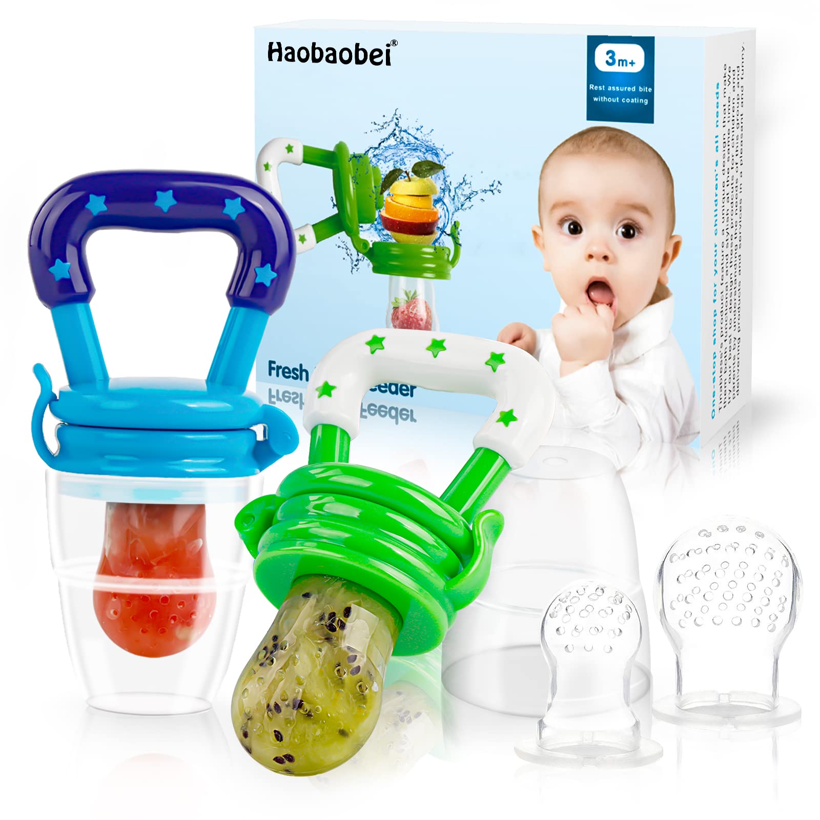 Photo 1 of Baby Fruit Feeder/Food Feeder Pacifier for Babies (2 Pack) - HAOBAOBEI Mesh Teethers for Babies, Infant Teething Toy in Appetite Stimulating Colors, Bonus Includes 3 Sizes Silicone Pouches