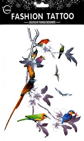 Spestyle Faux Tatouages Qui Ressemblent Réel Grande Conception Oiseaux Colorés Avec Des Fleurs Faux Tatouage Temporaire Autocollants Femmes Pour Le