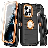 KECAI for iPhone 12 Pro Max Case with Belt Clip Holster, 2X Screen Protector,Heavy Duty Shockproof Drop Protection Military Grade Full Body Rugged Phone Cover with Kickstand (Black/Orange