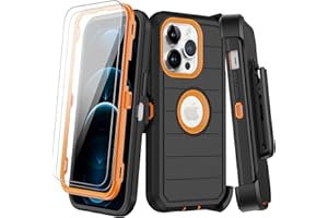 KECAI for iPhone 12 Pro Max Case with Belt Clip Holster, 2X Screen Protector,Heavy Duty Shockproof Drop Protection Military Grade Full Body Rugged Phone Cover with Kickstand (Black/Orange