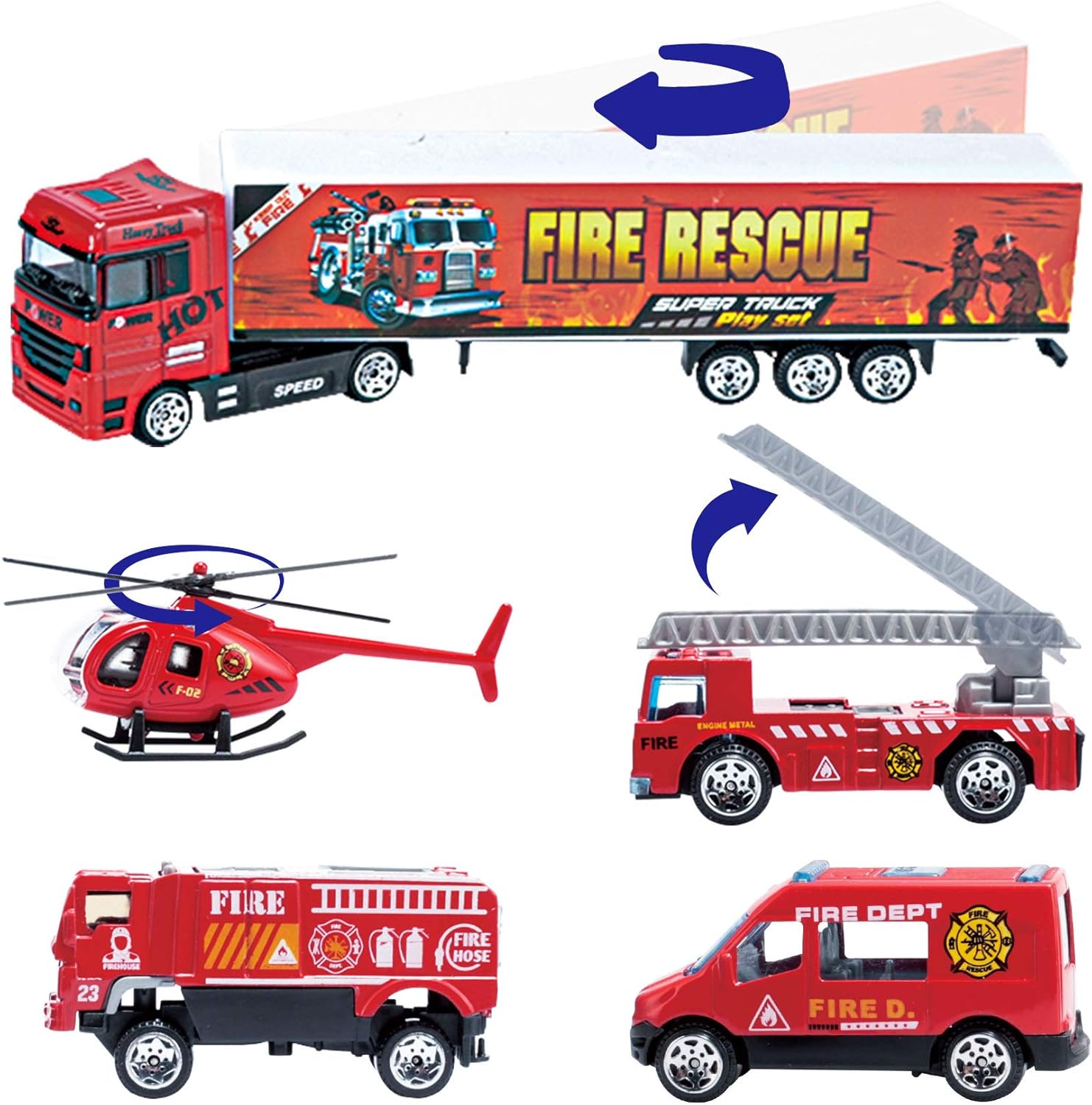 JOYIN 10 in 1 Die-cast Fire Truck Engine Vehicle Mini Rescue Emergency Fire Truck Toy Set in Carrier Truck: Toys & Games