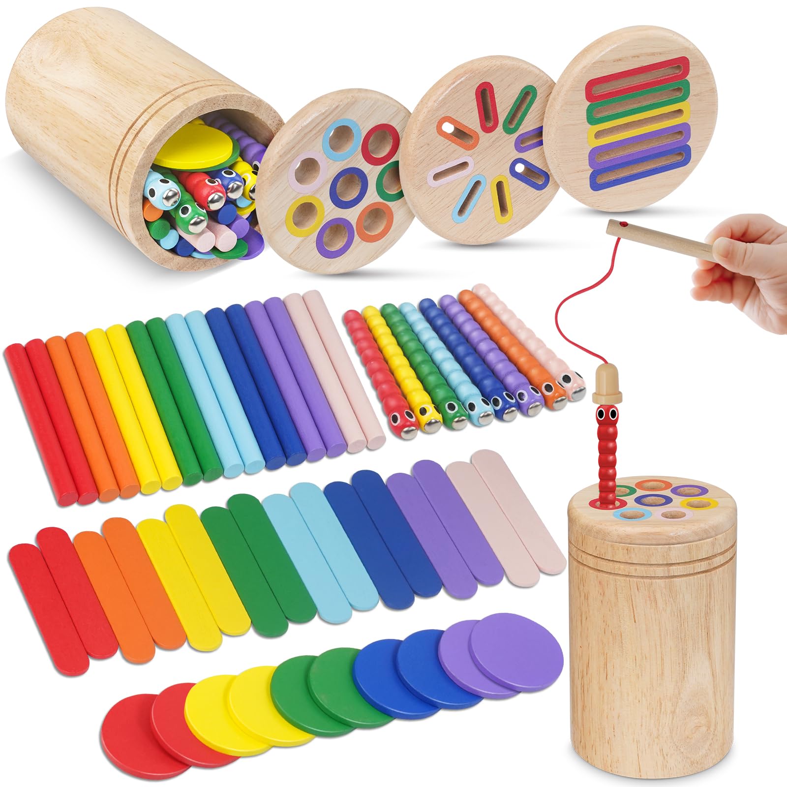 Akosuntoys Montessori Wooden Toddler Travel Toys 1 2 3 Year Old Boys Girls, Wooden Color Montessori Toys for 1 2 3 Year Old Educational Stacking Shape Sorter Learning Toys for Boys Girls