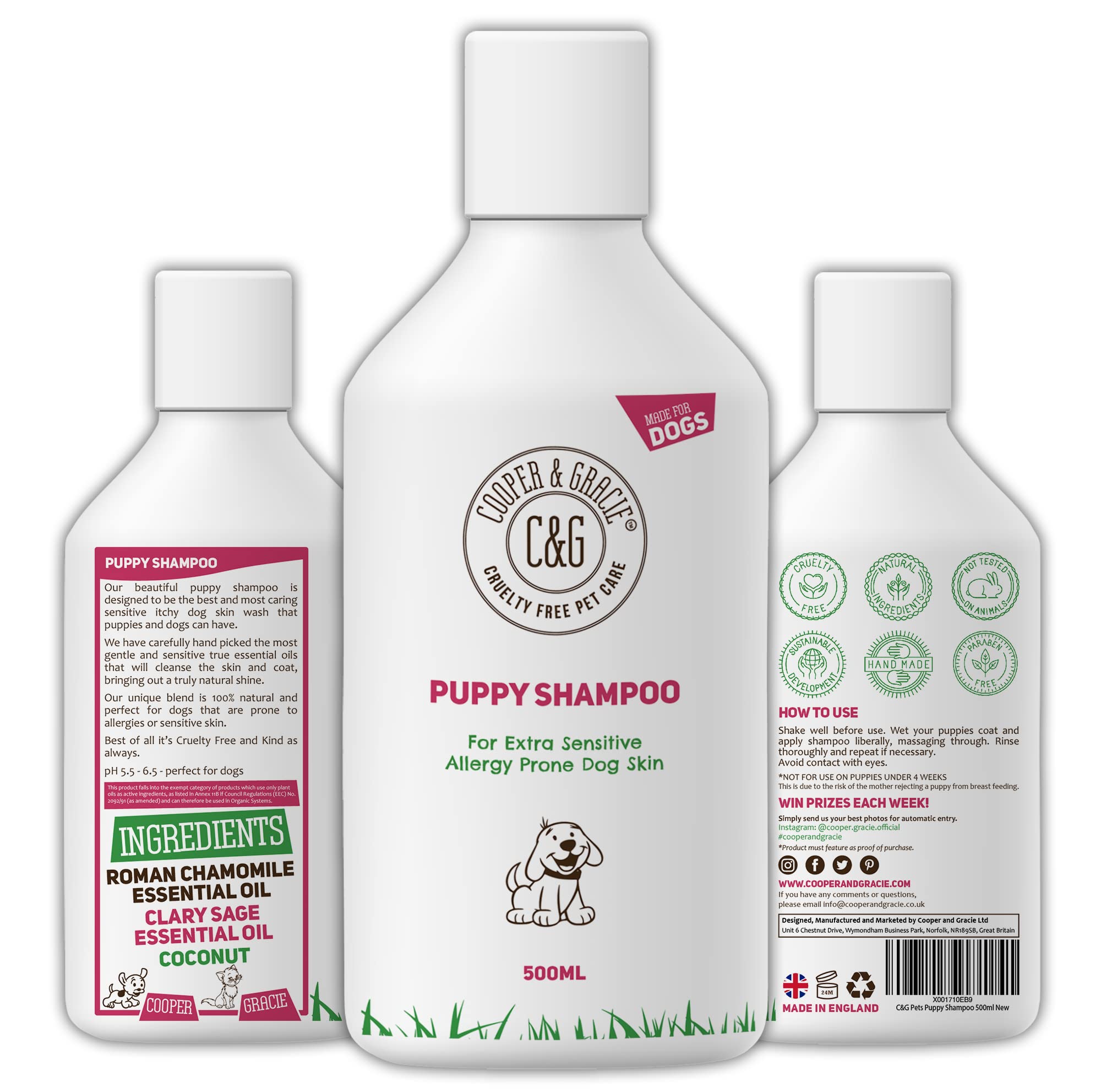 C&G Pets | PUPPY SHAMPOO 500ML | FOR SMELLY DOGS WITH ITCHY SENSITIVE SKIN | MEDICATED CONDITIONER PUPPY SAFE | EFFECTIVE FOR ALLERGY PRONE DOG SKIN | HEALTHY SHINY COAT | NATURAL ESSENTIAL OIL