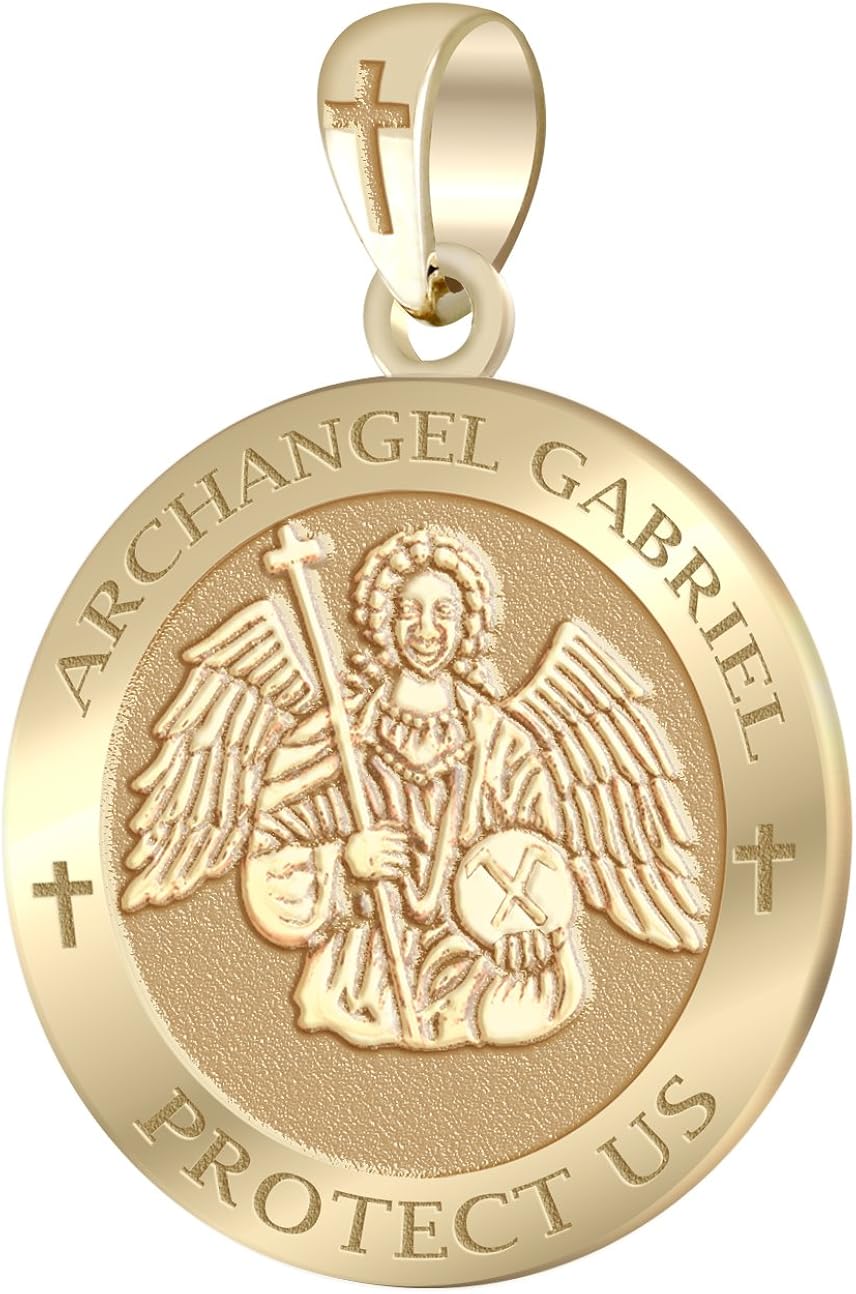 US Jewels Men's Heavy Solid 14K Yellow Gold Angel Gabriel Medal Round Pendant