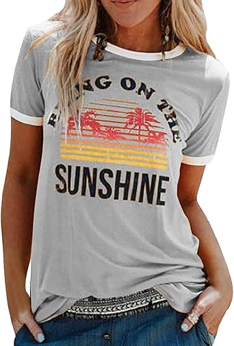 Heekpek Women T Shirt Tops For Women Sunshine Letter Printed Tops Fashion Tops Ladies Blouse T Shirt Casual Loose Short Sleeve Shirt Summer Tops Amazon Co Uk Clothing
