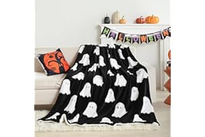 Smoofy Throw Blanket Halloween Blanket with White Ghost Black Throw Blankets for Bed and Couch Soft Fluffy Fleece Blanket 50x60 inches