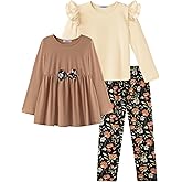 Arshiner Girls Clothes 3 Piece Set Ruffle Shirt Long Sleeve Bowknot Top and Floral Leggings Sets for 2-10 Years