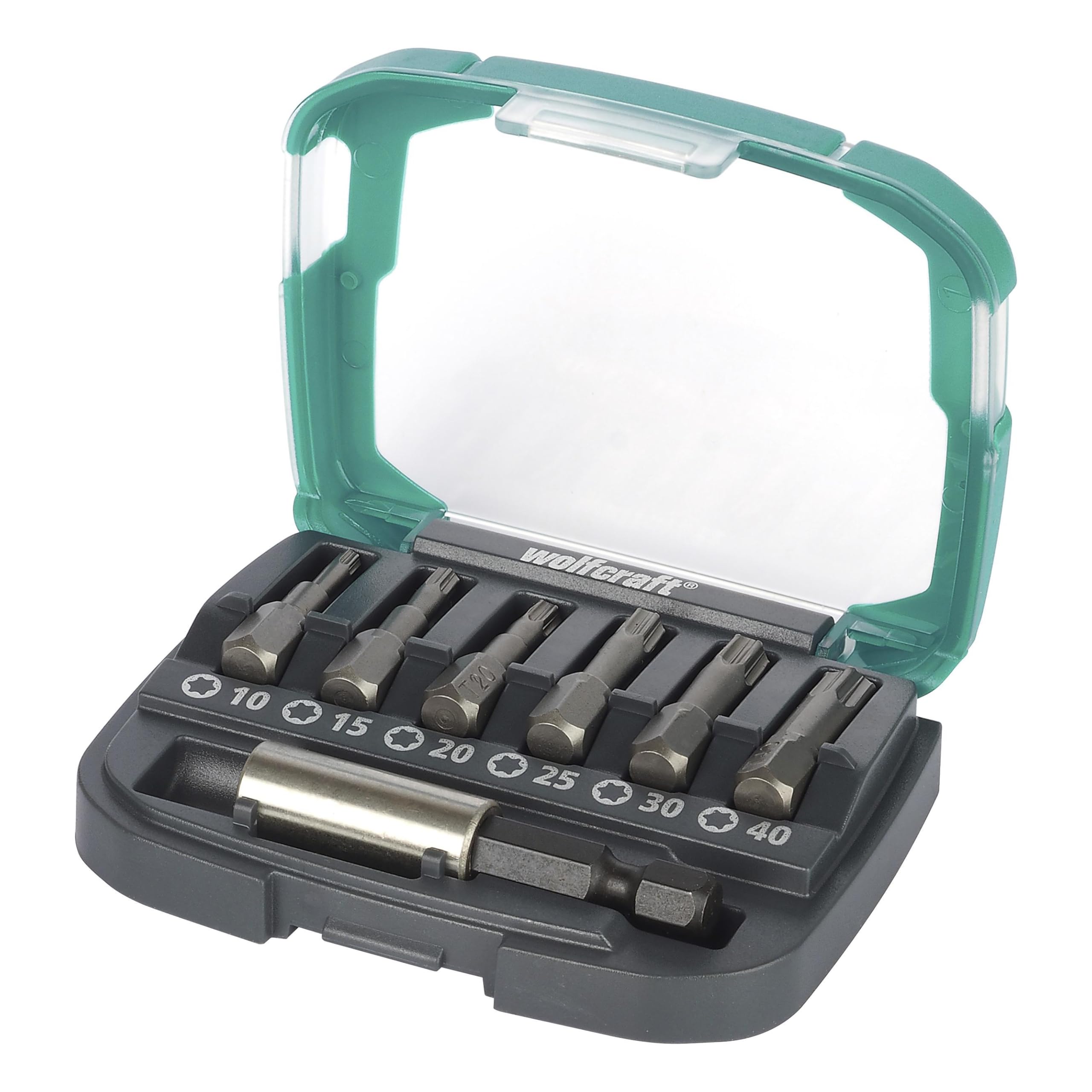wolfcraft FIX-Grip Bit Box, TORX® (T 10-40), 7 Pcs. I 2965000 I 6 FIX-Grip Solid bits for high Torques, in Various Sizes, incl. bit Holder