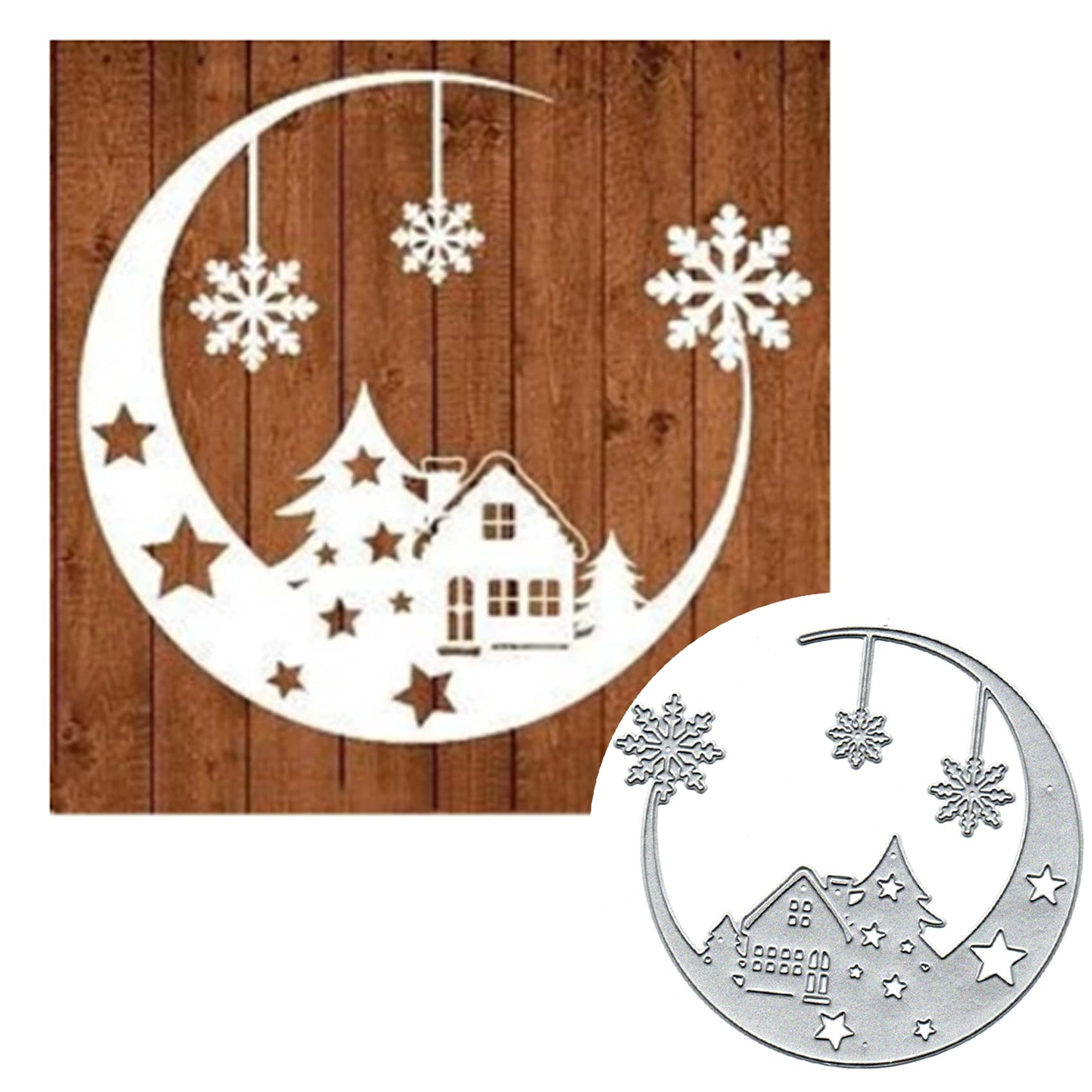 Christmas Snowflake Moon Die Cuts,Merry Christmas Tree House Snowflower Metal Cutting Dies Cut Stencils Template Mould DIY Invitation Card Scrapbook Embossing Craft Card Making