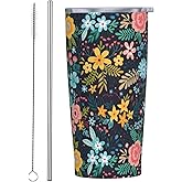 JASROTAO Stunning Floral Tumbler, Yellow Flower 20oz Stainless Steel Insulated Travel Tumblers,Travel Coffee Mug with Lid and Straw Cups Gifts for Women Men