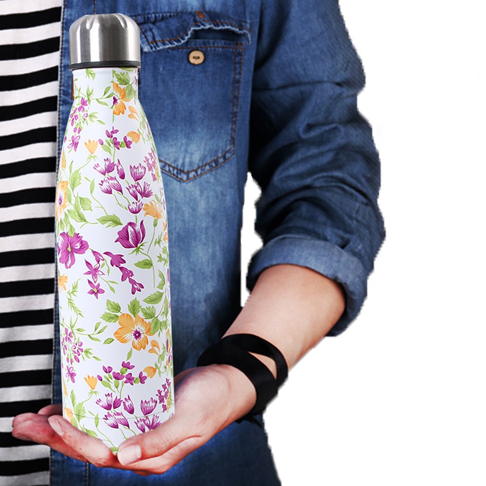 Double Walled Stainless Steel Vacuum Water Bottle, Y Chen Portable Travel Sports Leak-Proof No Sweat Cola Shape Bottle Keep You Drink Cold & Hot,17oz(500ml)Purple Flower