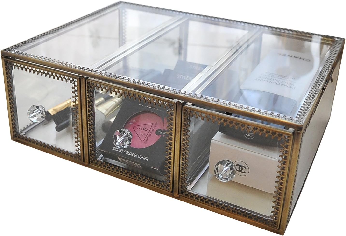Vintage Makeup Organiser Clear Mirrored Brass Vanity Beauty Display/Spacious Cosmetic Storage for Makeup/Jewelry/Brushes/Perfumes/Skincare Dustproof Glass Drawer Cabinets Make Up Storage (3drawers)