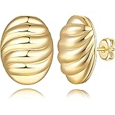Kvvkii 14K Gold Earrings for Women Gold Studs Earrings for Women Stud Earring for Womens Studs Oval Disc with Engraved Ripple Pattern Stud Earring for Womens 20mm