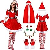 Suhine 7 Pcs Christmas Costume Set for Women Mrs Santa Velvet Dress Cloak Hat Glove Socks Necklace Earrings Xmas Claus Outfit