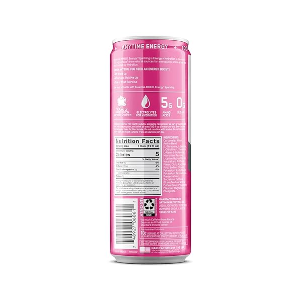 OPTIMUM NUTRITION AMINO ENERGY SPARKLING HYDRATION DRINK, ELECTROLYTES, CAFFEINE, AMINO ACIDS, BCAAS, SUGAR FREE, WATERMELON, 12 FL OZ, 12 PACK (PACKAGING MAY VARY)