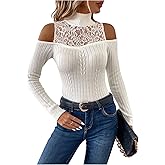 WDIRARA Women's Cold Shoulder Turtle Neck Sweathers Lace Fitted Rib Knit Pullover Tops