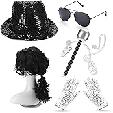 Leumoi 6 Pcs Halloween Pop Costume Dance Star Costume Includes Long Curly Wig Black Hat Sequin Glove Sunglasses Earpiece Microphone for Pop Stage 80s 90s Party Mens Adult Halloween Cosplay