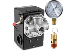 Dreyoo Air Compressor Pressure Switch 135-175 4-Port 20 Amp with 0-200 PSI Gauge and 200 PSI Safety Relief Valve, 1/4" NPT Replacement Pressure Switch Parts for Air Compressor
