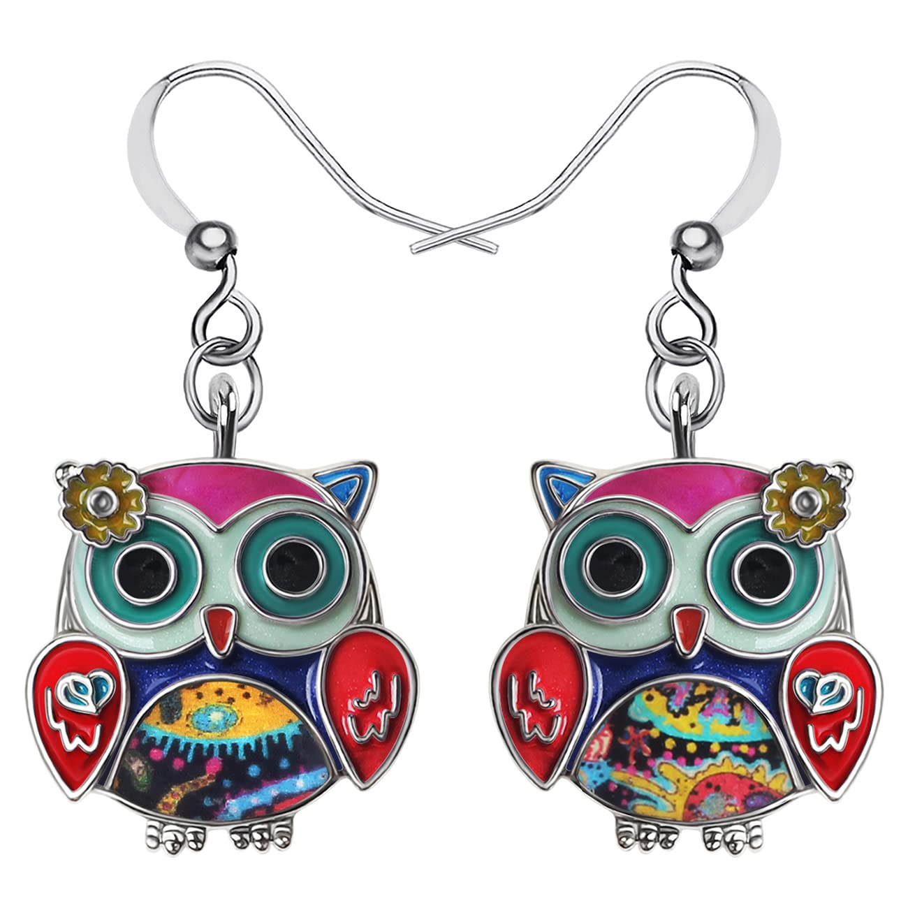 Enamel Alloy Anime Flower Owl Earrings Bird Drop Dangle Fashion Jewelry For Women Girls Charm Gift (Multi)