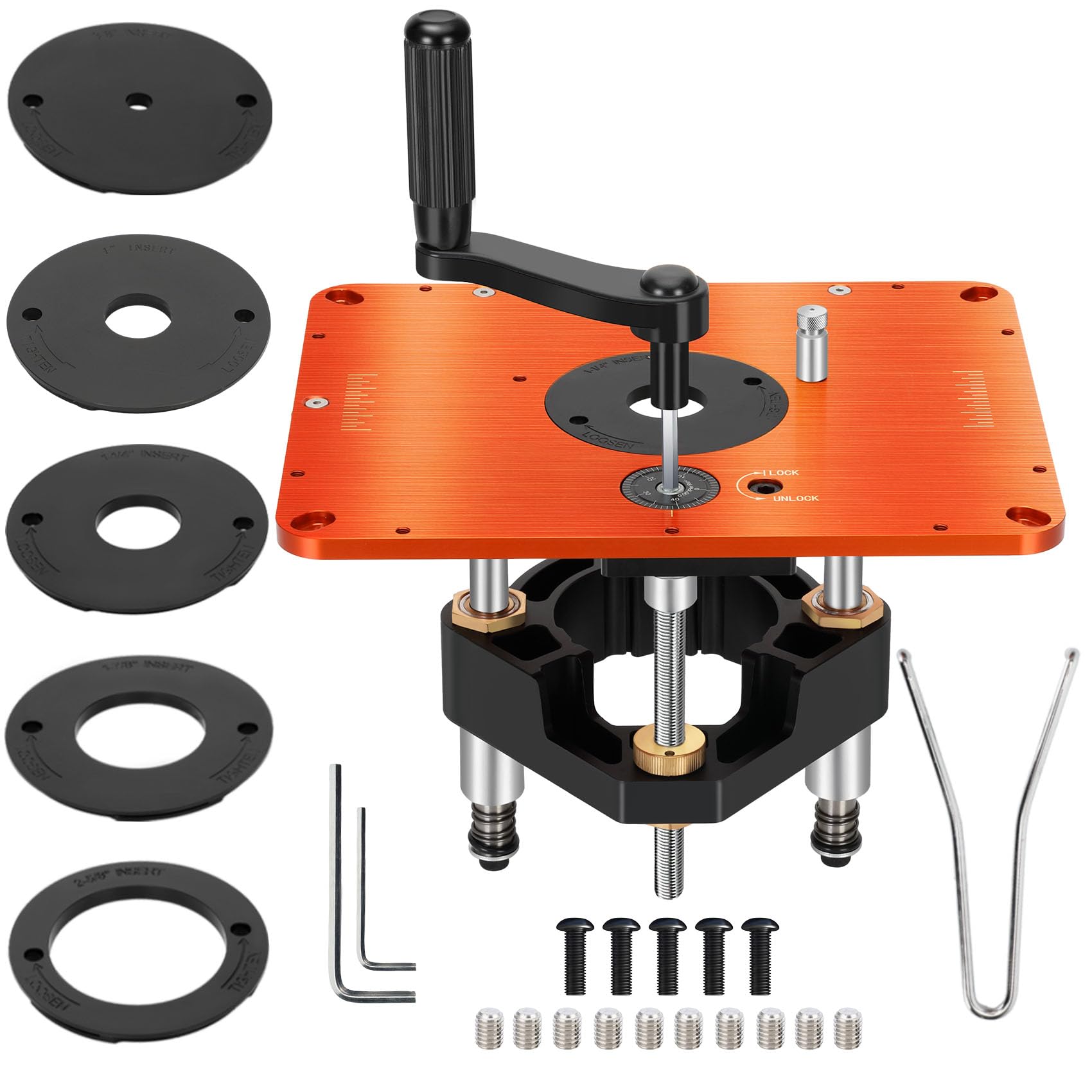 Photo 1 of 3-1/2" Router Lift System, Precision Router Table Lift for 3-1/2" Diameter Motor, 9-1/4'' x 11-3/4'' Plate 5-Piece Insert Ring Kit Compatible with Bosch, Kreg, Skil, Porter, DeWalt, Craftsman, Ridgid