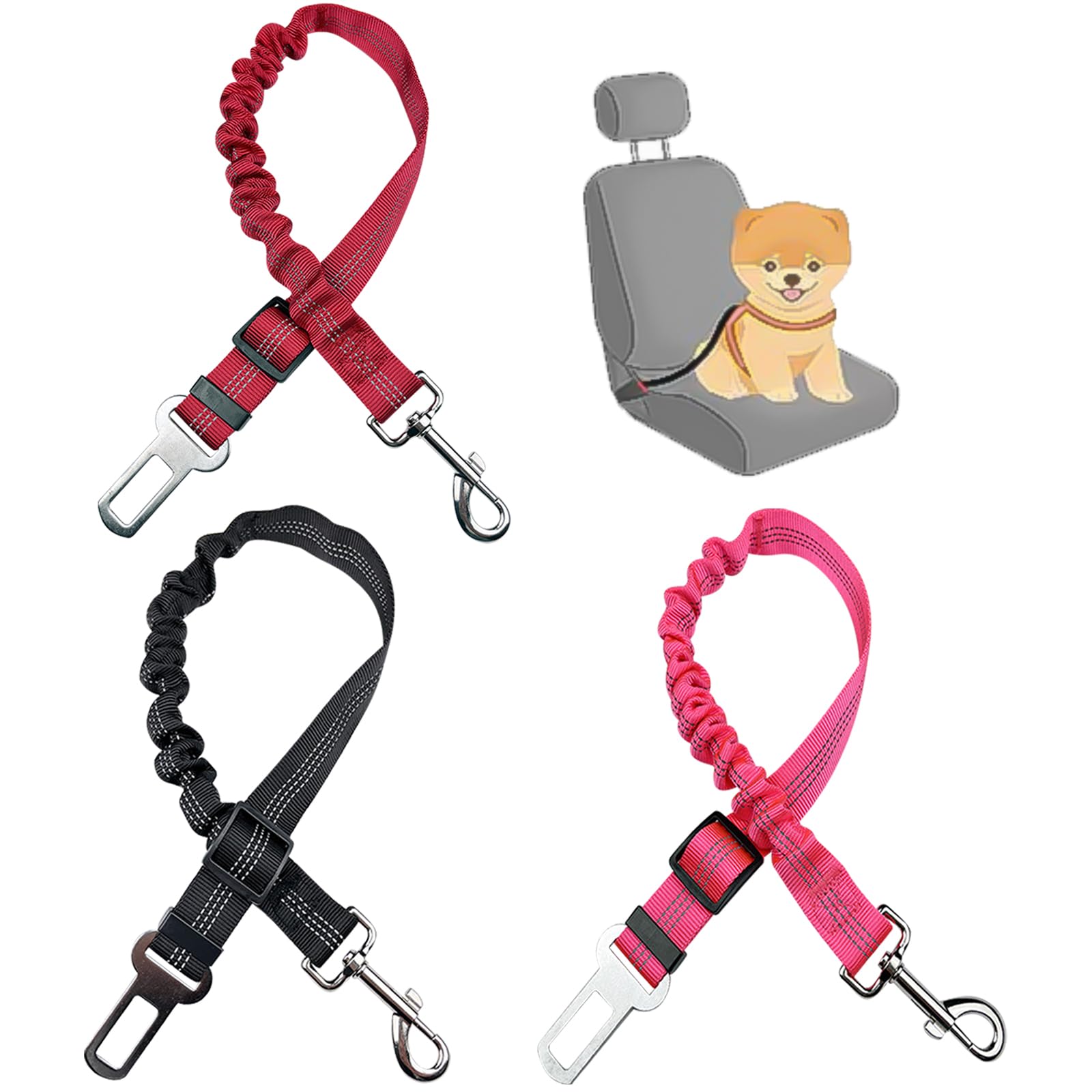 DKDDSSS 3 Pack Dog Seat Belt, Dog Seat Belt for Car, Dog Car Harness, Dog Seat Belt for Cars UK, Adjustable Elastic Bungee, Dog Travel Accessories (Pink, Black, Red)