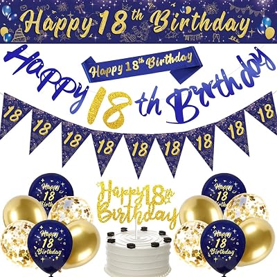 DEARLIVES Navy Blue Gold 18th Birthday Decorations Triangle Flags Banner Sash
