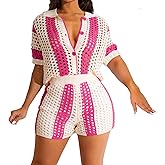 VOIKERDR Shorts Sets Women 2 Piece Outfits Crochet Hollow Out Shirt and Shorts Summer Vacation Beach Clothes