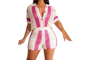 VOIKERDR Shorts Sets Women 2 Piece Outfits Crochet Hollow Out Shirt and Shorts Summer Vacation Beach Clothes