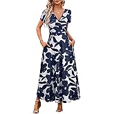 HUHOT Women's Short Sleeve Wrap V Neck Dresses for Wedding Guest Summer Floral Maxi Sundresses with Pockets Boho Dress
