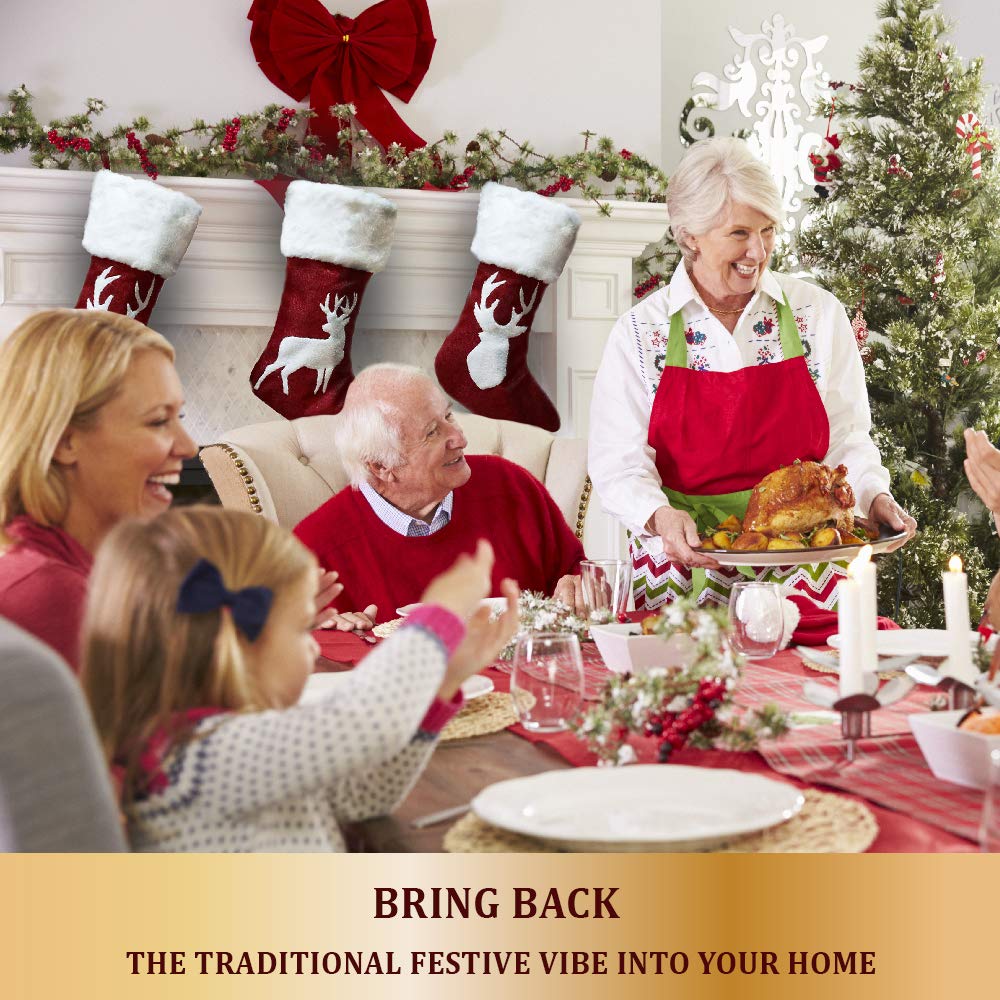 Christmas Stockings Red Reindeer - 3 Pcs Stylish Xmas Stockings Decorations - Classic Family Holiday Decor - Red Elk Embroidery Set with Faux Fur - Christmas stockings Storage for Treats and Gifts