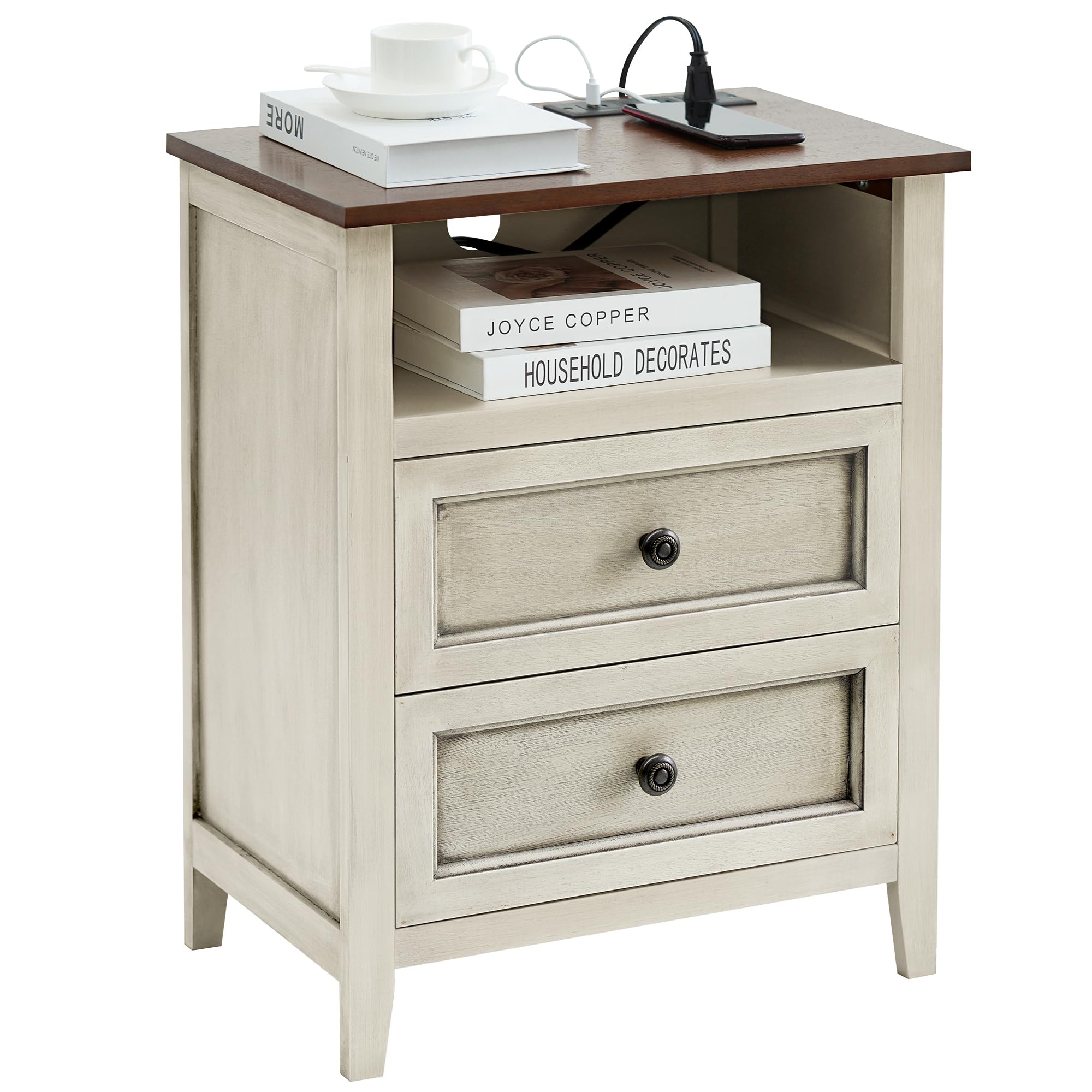 Photo 1 of **PARTS ONLY MISSING UNKNOWN PARTS **
Nasonet Nightstand with Charging Station, 20 Inch Wide Farmhouse End Table with 2 Drawers Storage, Mid Century Modern Night Stand for Bedroom, Antique White