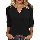 JomeDesign Womens Tops 3/4 Sleeve Shirts V Neck Loose Casual Blouses Solid Color Tshirts
