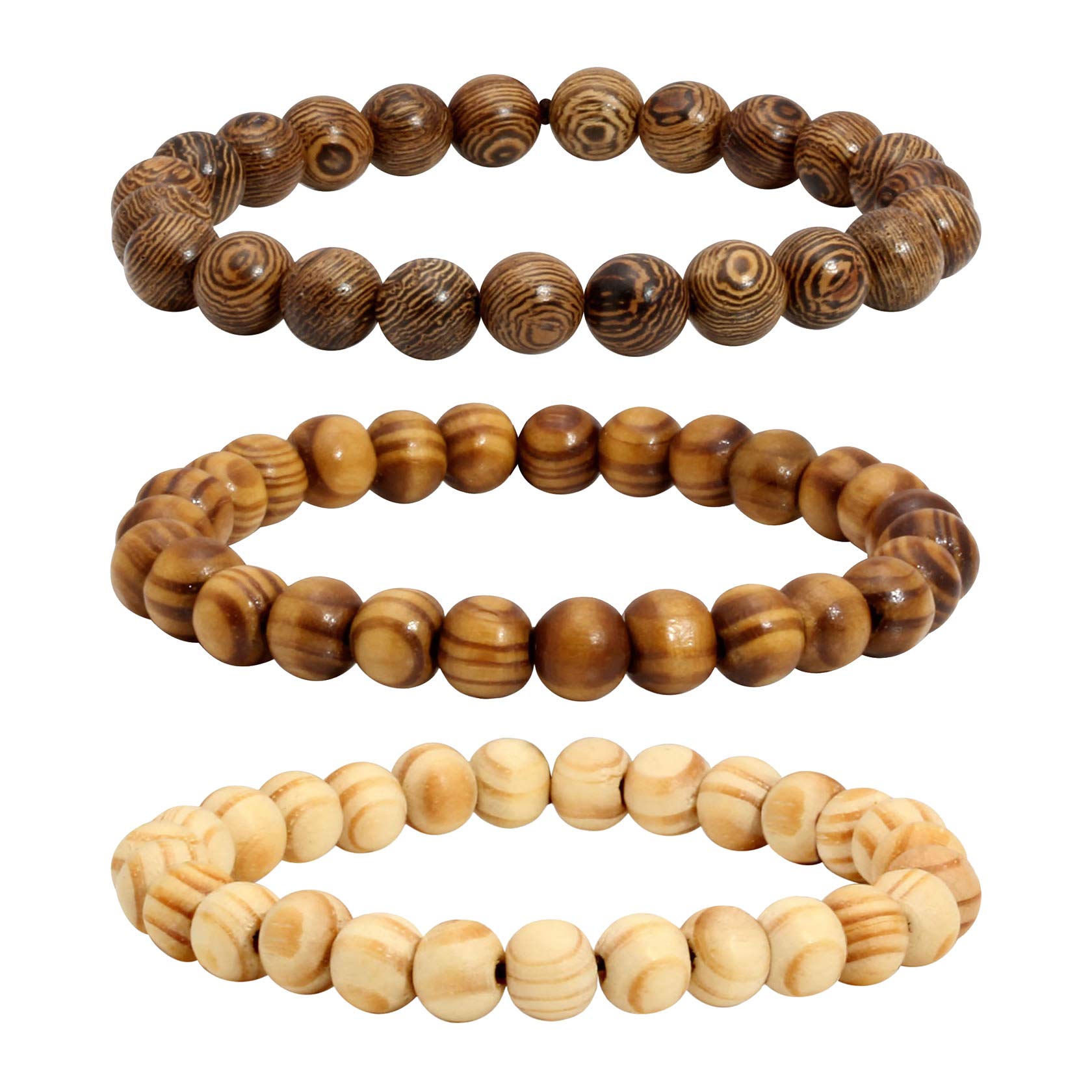 MILAKOO 3 Pcs Wooden Beaded Bracelet Sandalwood Beaded Elastic Rope Bracelet for Women Men Prayer Meditation