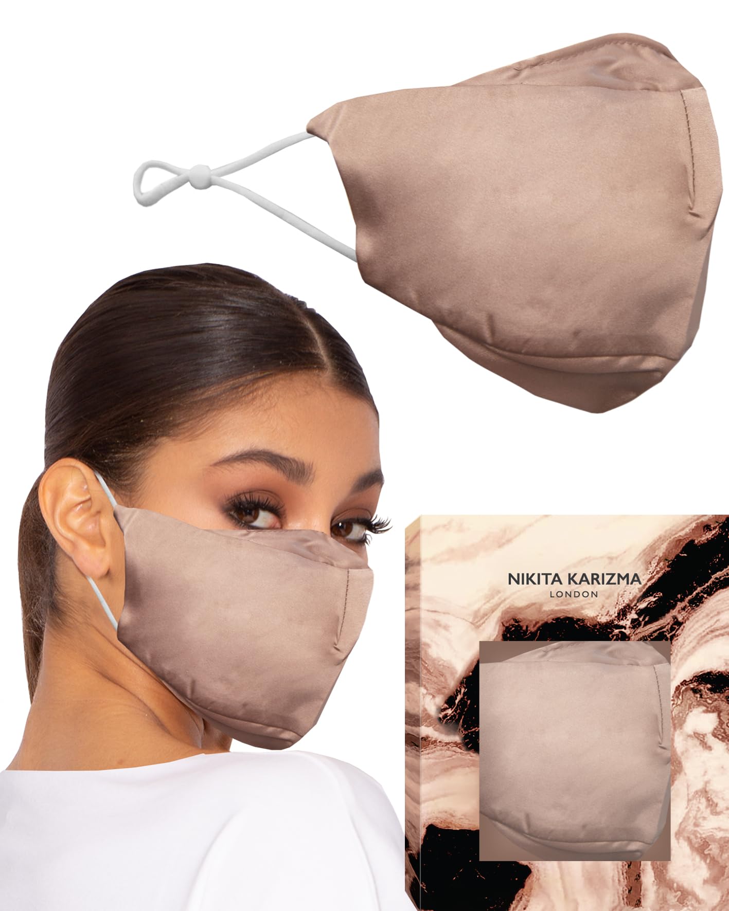 90210 Silk Mask in Taupe by KARIZMA 19 Momme 100% Mulberry Silk 6A Grade Fabric Face Mask with 2 Filters