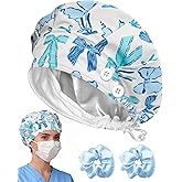 Plifal Satin Lined Bouffant Scrub Cap with Buttons-Adjustable 100% Cotton Nurse Hat with Sweatband and 2 Scrunchies