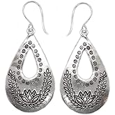 Sterling Silver Large Lotus Flower Earrings, Handmade Oval Drop shape Floral Boho Hippie Statement Dangle earrings, Gift for Her
