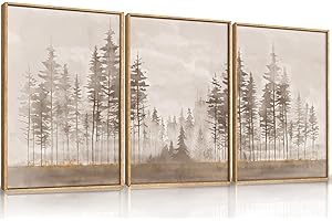 Celestdeco Beige Foggy Pine Tree Framed Canvas Wall Art Set,Modern Misty Forest Wall Decor,Nature Landscape Brown Art Print f