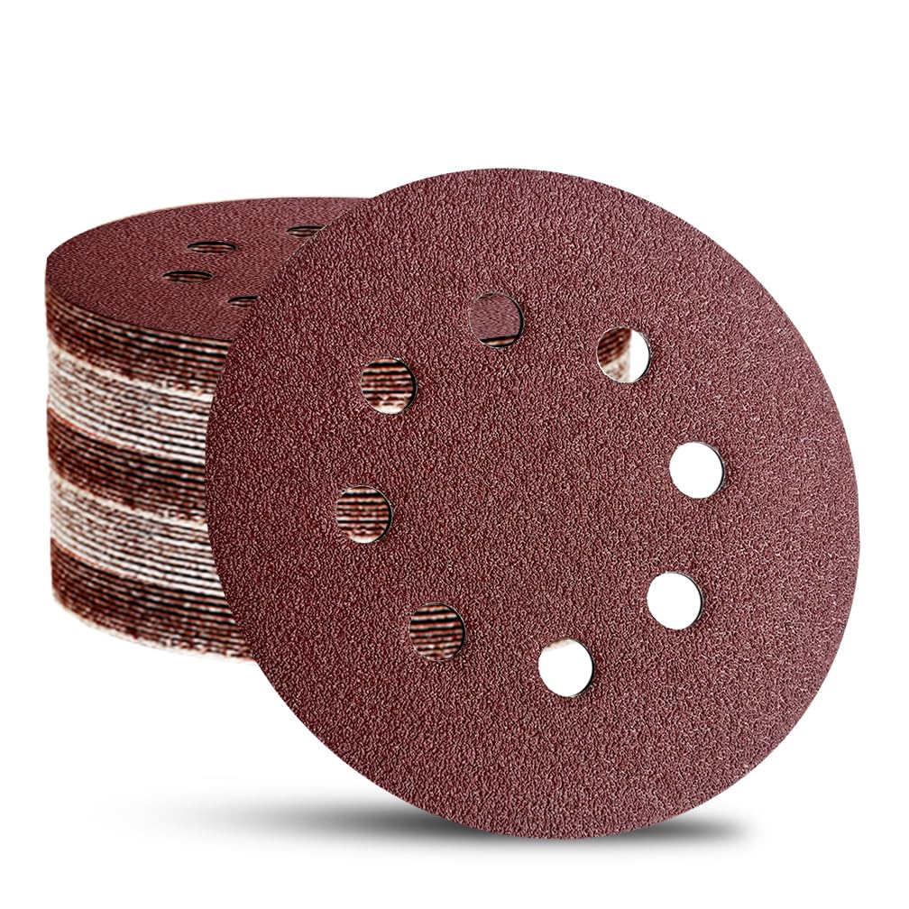 Photo 1 of 52 Pack 5 Inch 8-Hole Hook and Loop Sanding Discs Sandpaper Red Round 60 80 120 220 320 Mixed Grits Sandpaper for Random Orbital Sander
