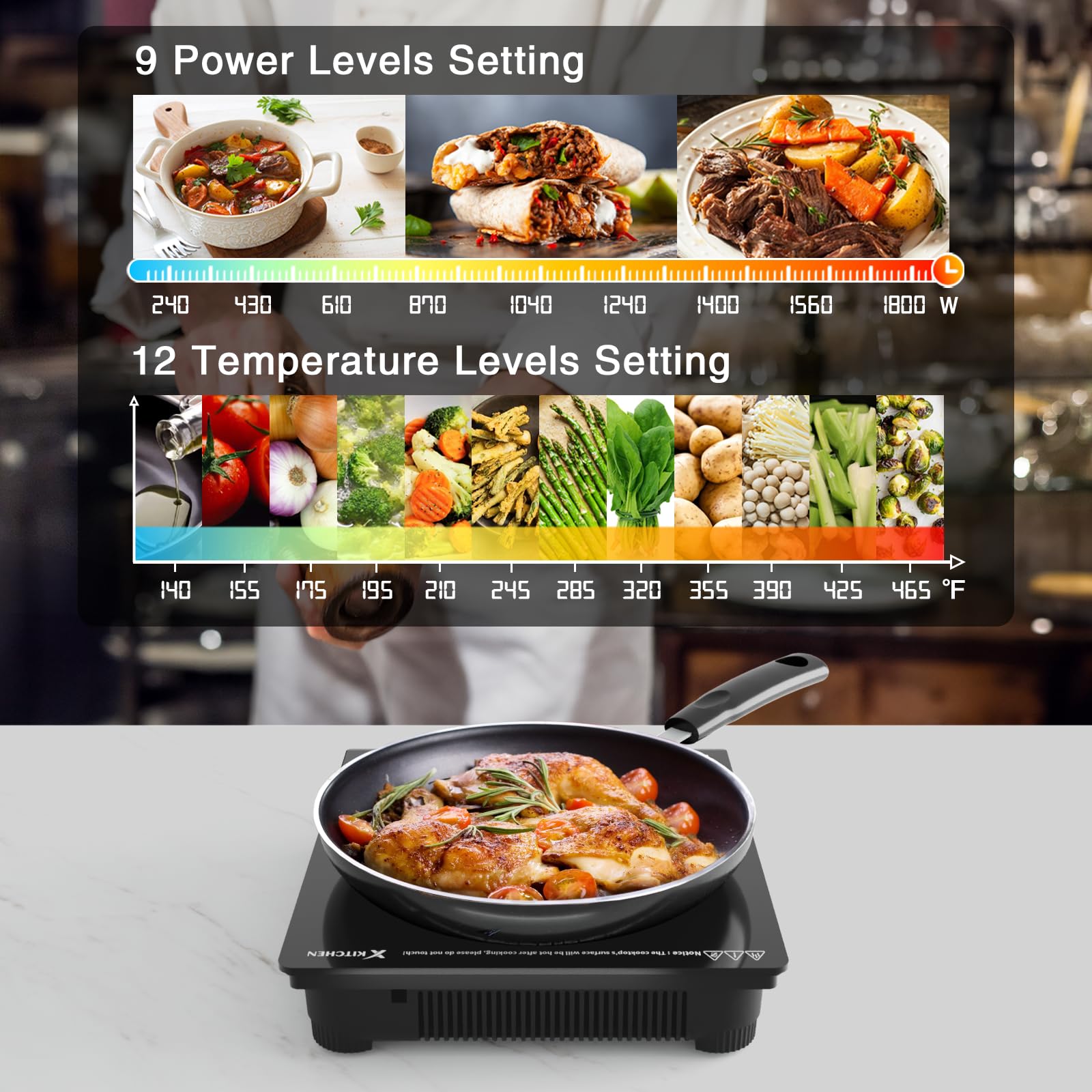 XKitchen Portable Induction Cooktop, 1800W Induction Burner with 9 Power levels, 12 temperature levels(140℉-465℉), Safety Lock, 3-Hour Timer, Countertop Burner with Warm Function, Black, 110V