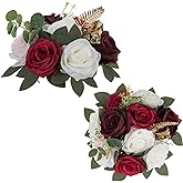 BLOSMON Artificial Flowers Ball Wedding Centerpieces 2 Pcs Burgundy Rose Artificial Flower Center Pieces Decoration for Table Silk Kissing Ball Faux Floral Bouquet Arrangements Home Party DIY Decor