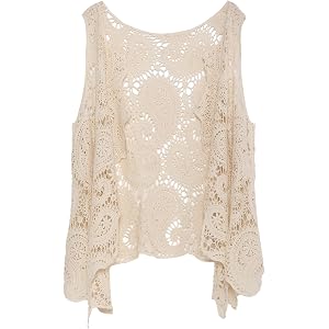 JASTIE Women's Boho Crochet Vest Vintage Paisley Knit Sleeveless Cardigan