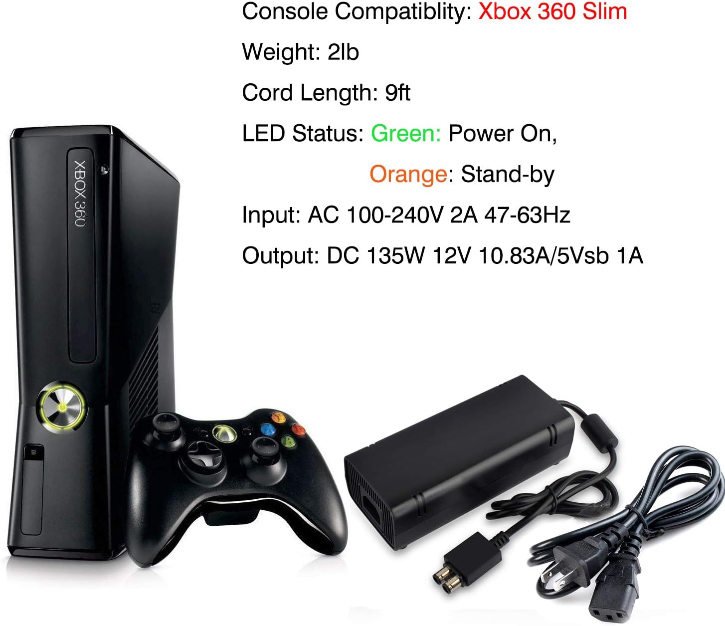 Amazon Com Xbox 360 Slim Power Supply Yccsky Ac Adapter Power Supply Brick Charger With Cable For Xbox 360 Slim Electronics