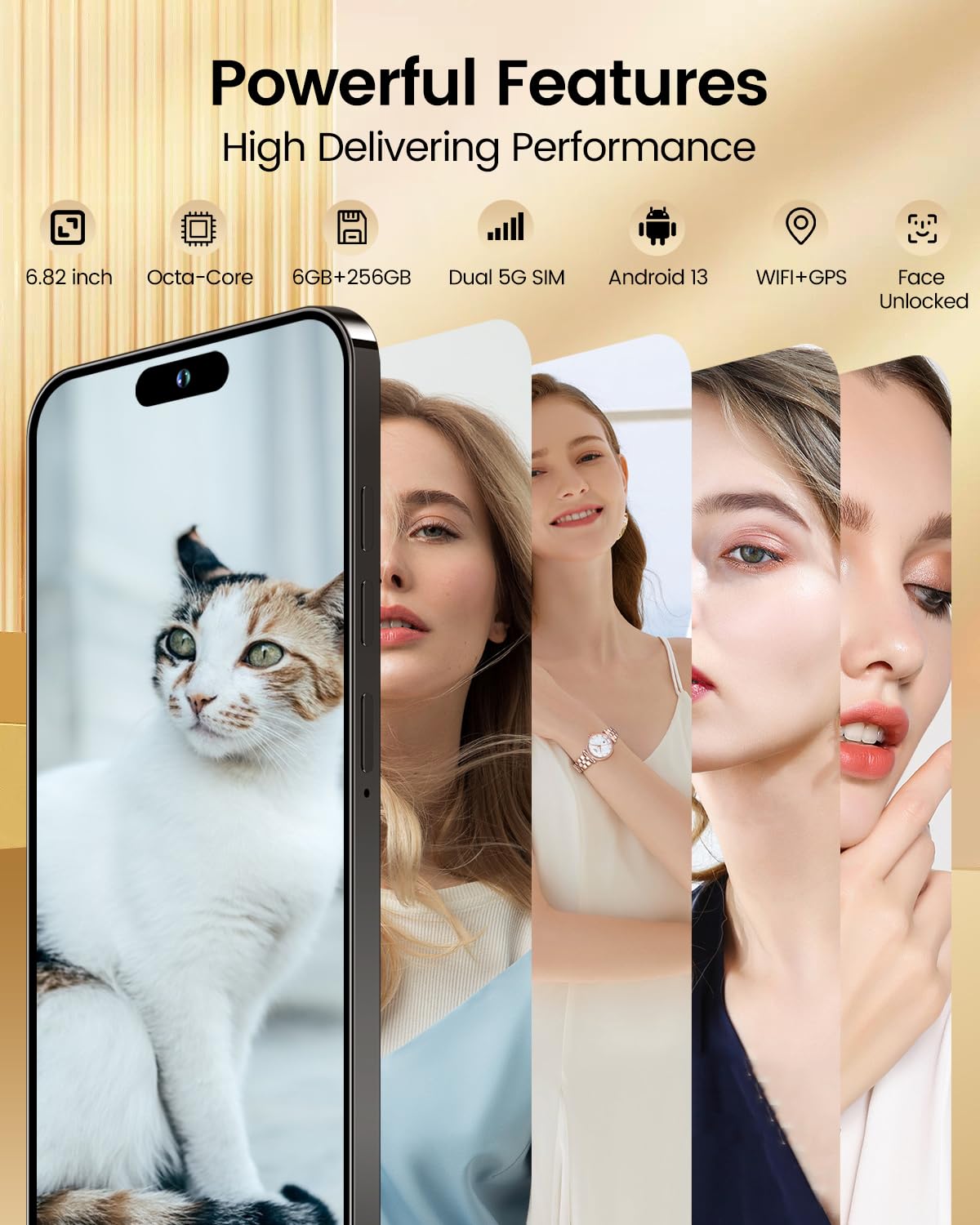 Echoamo A14 Pro Max Cell Phone, 5G Unlocked Smartphone 6GB+256GB Smartphone Android 13, 6000mAh Battery, 6.82