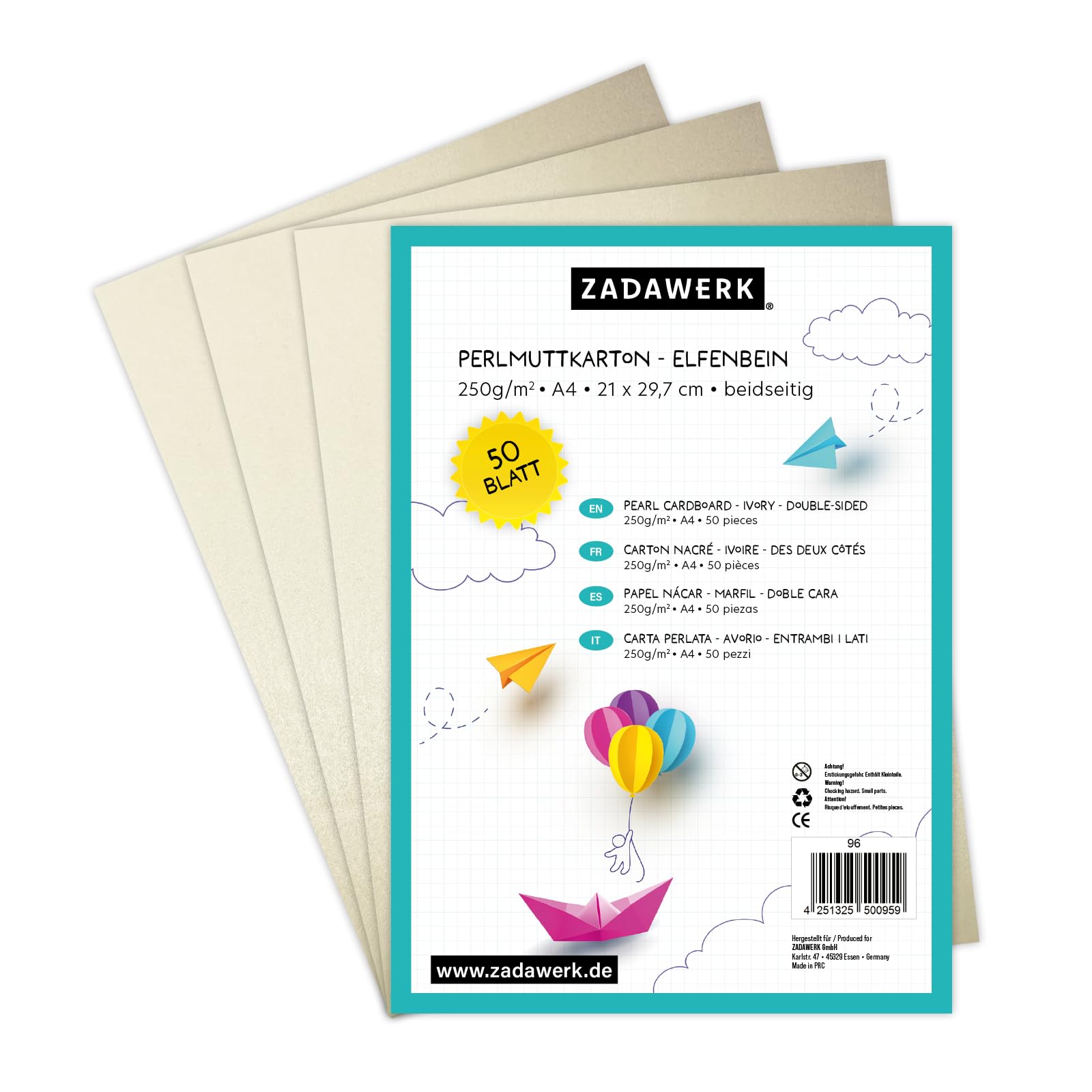 ZADAWERK® Pearl Cardboard - 250 g/m² - A4 - Ivory - Double-Sided - 50 Sheets